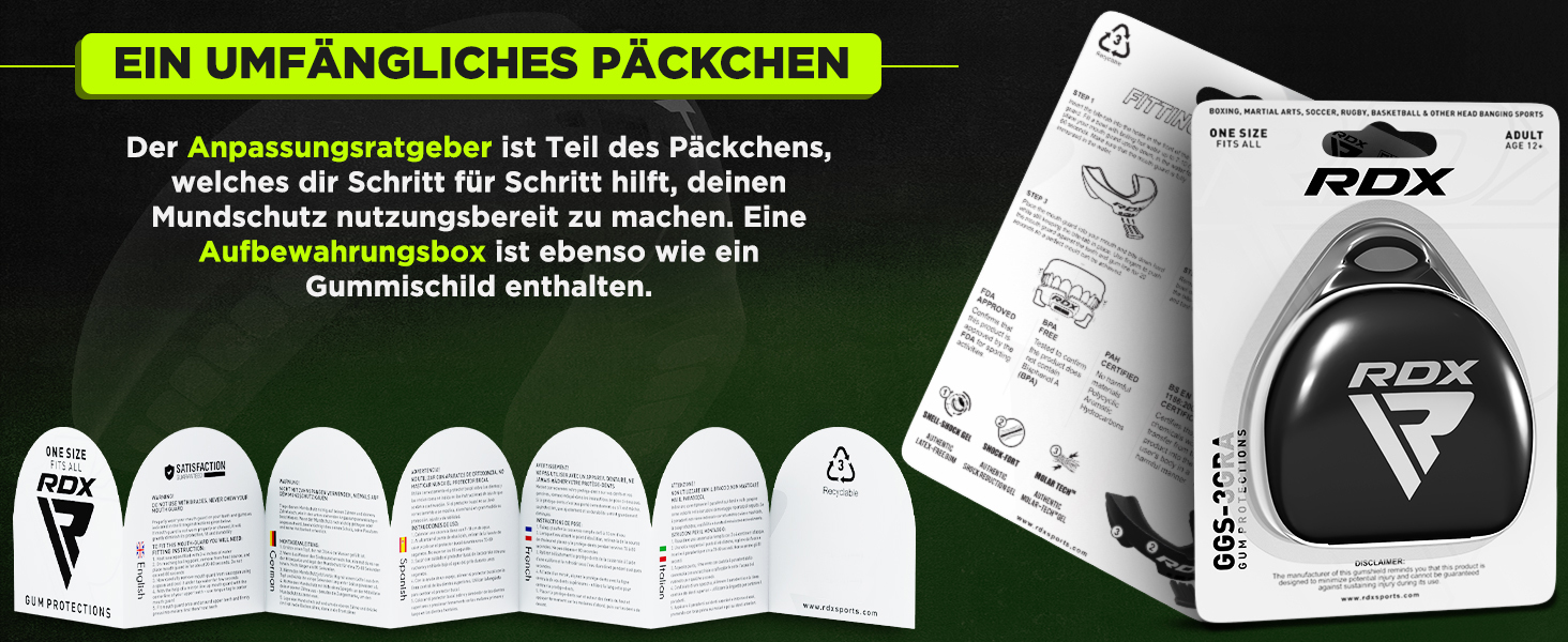 Капа для захисту зубів RDX для бойових видів спорту, MMA, кікбоксингу, хокею, футболу, м'яку рукавичку, регбі. Зручна коробка для зберігання. Для дорослих (від 12 років). Чорний колір.