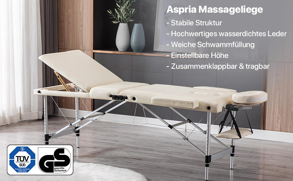 Масажний стіл Aspria Massageliege Mobile з 2 зонами, регульована висота, дерев'яні ніжки, з підголовником та підлокітниками, 213 × 82 x 85 см, до 250 кг, A250