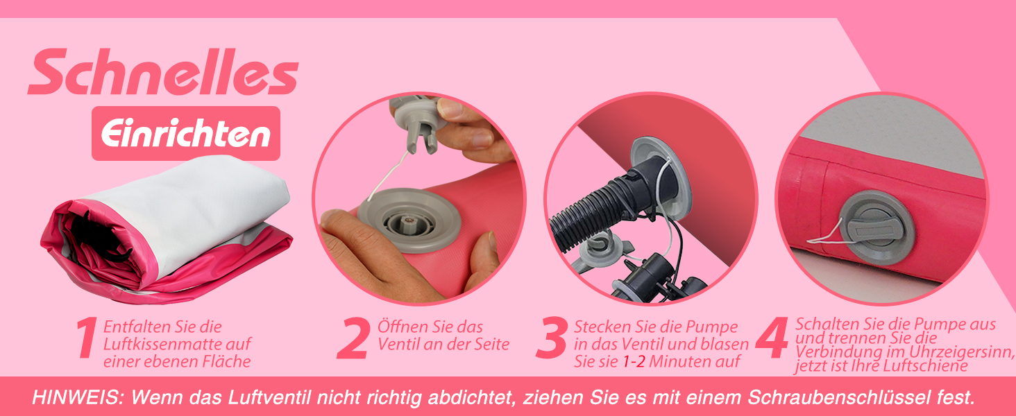 Гімнастичний надувний мат для гімнастики Tuxedo Sailor Airtrack, 400 x 100 x 10 см, рожевий. Надувний килимок для дому, спортзалу, челедансу, йоги. Електричний насос в комплекті.