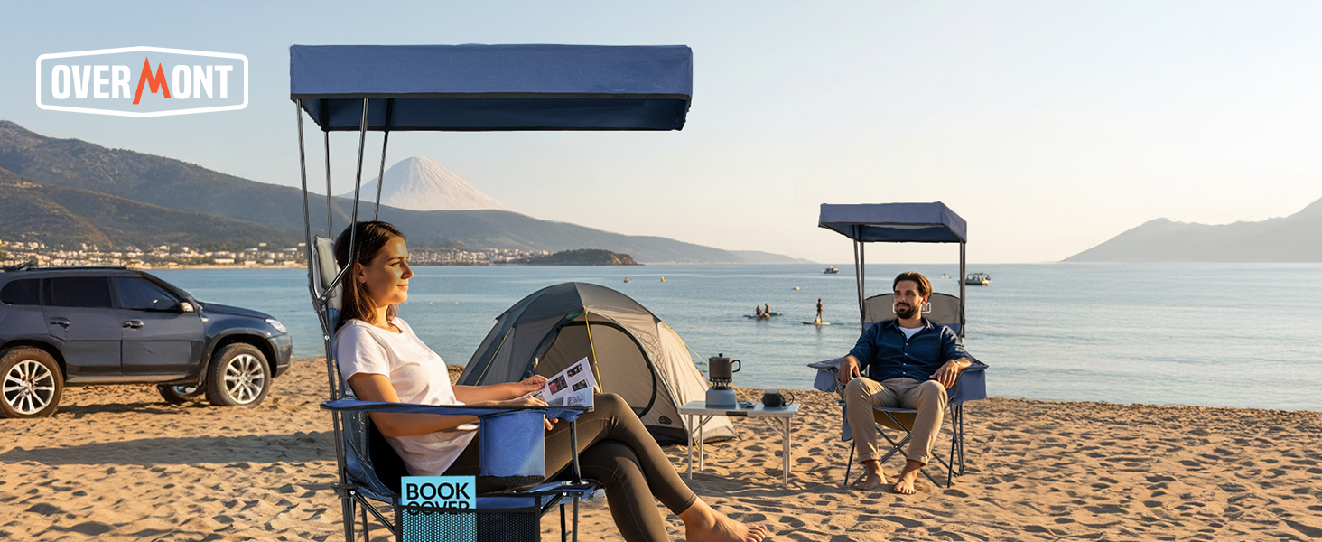 Крісло для кемпінгу OVERMONT складне з сонцезахисним дахом - пляжне крісло, складне з тримачем для напоїв та сумкою-холодильником - шезлонг з дахом для відпочинку на природі, риболовлі, саду (Blaugrau)