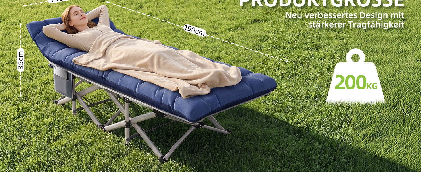 Складане кемпінгове ліжко Feldbett XXL з матрацом (літо/зима), посилене розкладне ліжко для відпочинку та гостей, витримує до 280 кг, сіро-блакитний (набір 2 шт.)