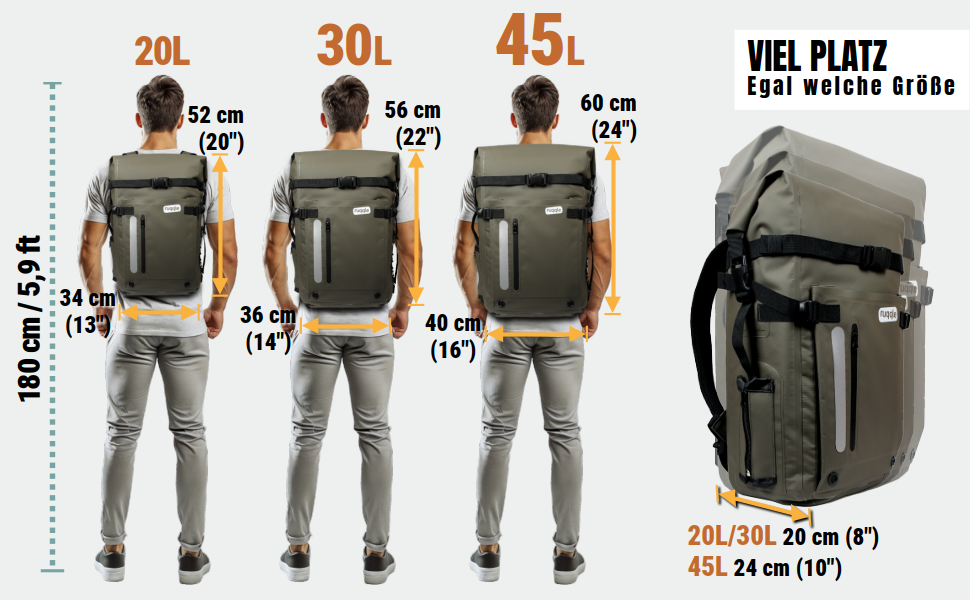 Водонепроникний рюкзак Ruqqle 45 л, RollTop, 3 зовнішні кишені, для пляжу, човнів, каяків, подорожей, кемпінгу, риболовлі та мотоциклів (Блакитний)