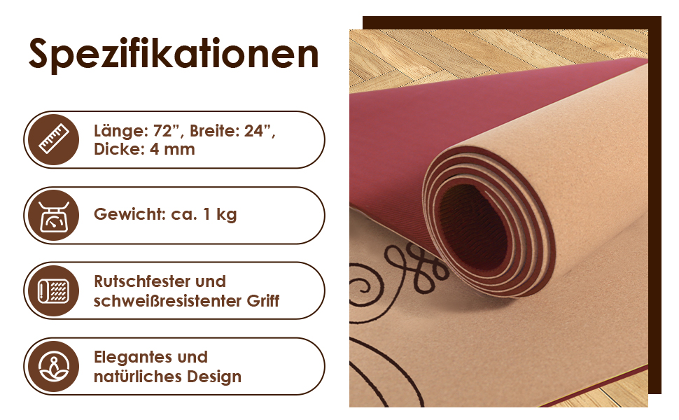 Килимок для йоги з корку Rutschfeste Yoga Matte – Нековзний, з унікальним дизайном, з натурального каучуку TPE, для занять вдома, пілатесу, аеробіки, фітнес-студії та тренувань. Колір: бірюзовий, дизайн: Мандала (Бордо-Калібра)