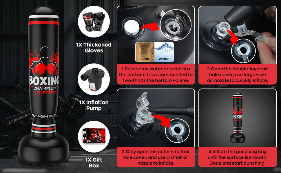 Боксерський мішок IMAYCC стоячий для дорослих та дітей з боксерськими рукавичками, посилений, 180 см, високоякісний PVC, для Муай Тай, Таеквондо, MMA, бокс, тренування, фітнес, червоно-чорний