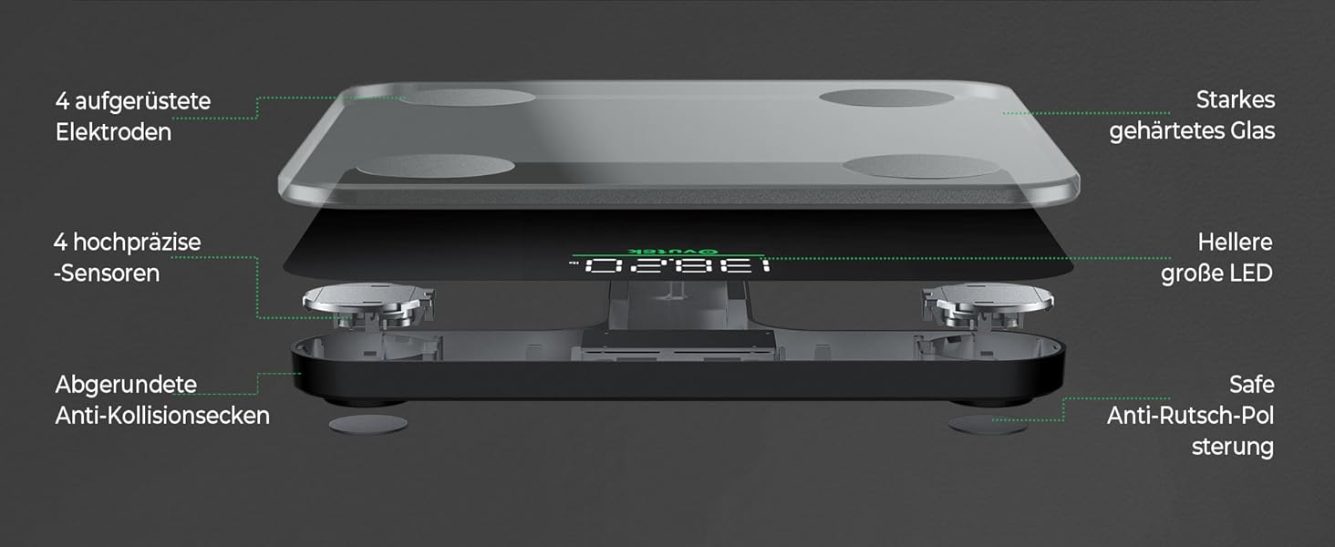 Ваги Ovutek для тіла з аналізом складу: жир, м'язи, вода, BMI. Макс. 180 кг, великий дисплей, фітнес-додаток. Чорний колір