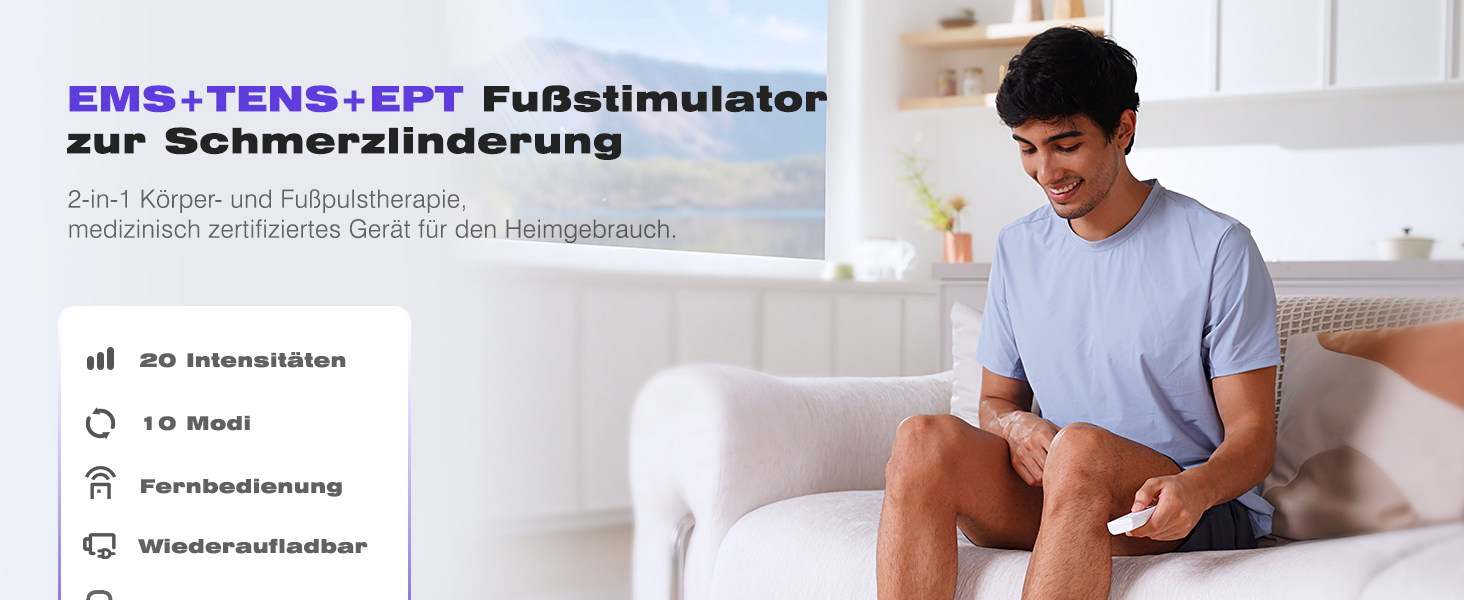 Масажер для ніг та тіла Medic EMS TENS - стимулятор кровообігу з 10 режимами та 20 рівнями інтенсивності. Зменшує біль при п'ятковому фасціїті, невропатії та болю. Білий колір.