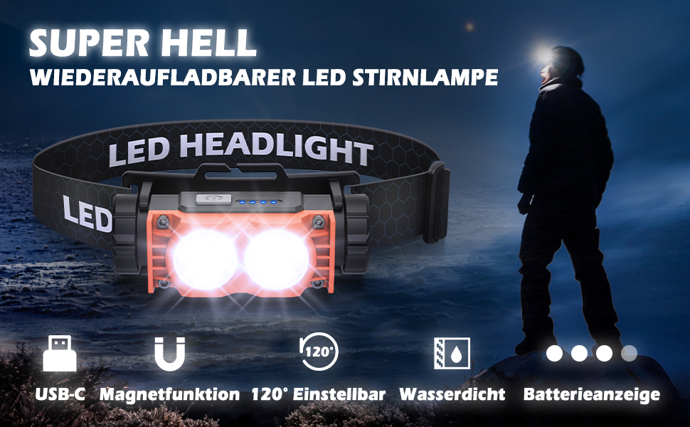 LED налобний ліхтар, 2 шт., 2000 люменів, перезаряджається, 3 режими, водонепроникний, для риболовлі, бігу, кемпінгу (Помаранчевий)