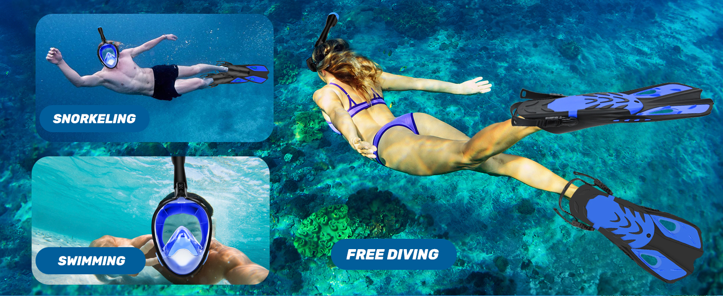 Набір для снорклінгу та дайвінгу для дорослих: маска-половинка, ласти, чохол. Широкий огляд 180°, фіксація камери, регульовані ласти