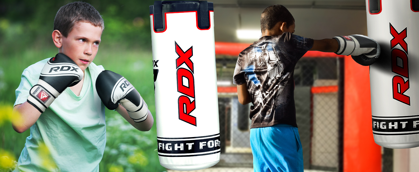 Боксерський мішок для дітей RDX, 60 см, комплект для кікбоксингу, боксу, MMA, карате, муай-тай. Шкіряний мішок Maya Hide, білий. Комплект з рукавичками та сумкою (3 шт.)