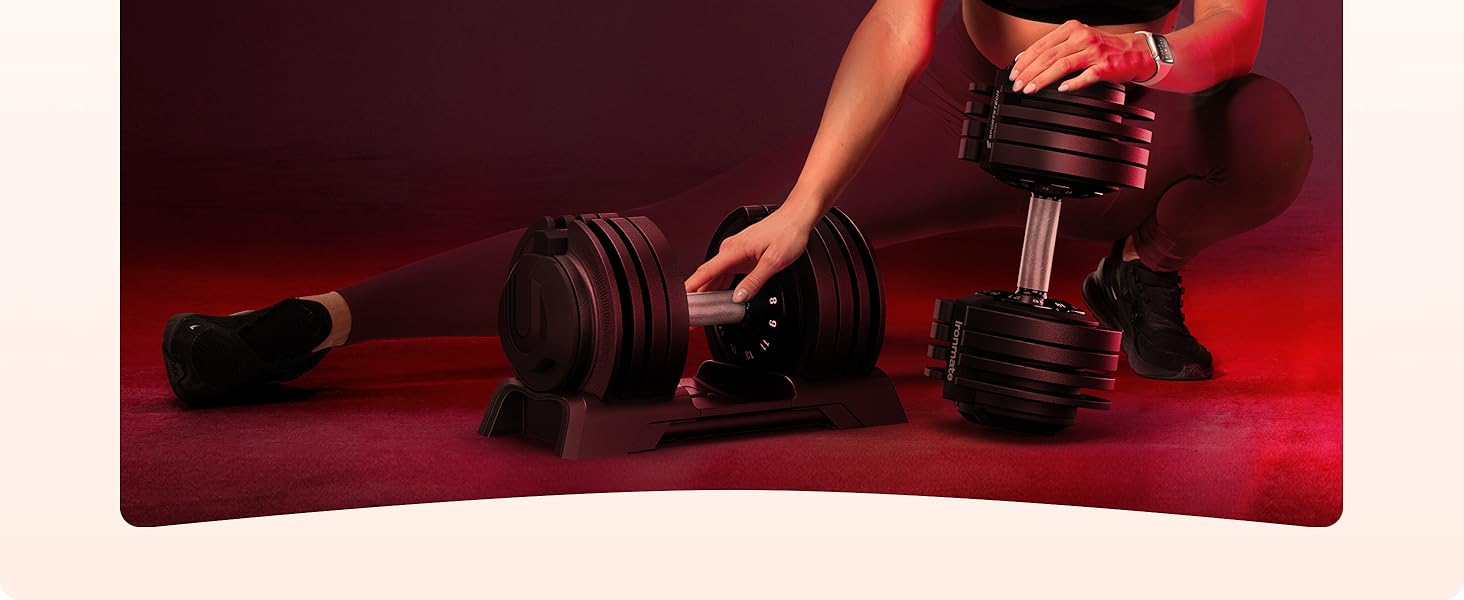 Ironmate Регульовані гантелі для дому, 1.5-18/24/40 кг, з набором дисків, 12-16 ваг, компактні, з неслизьким грифом, для силових тренувань, з підставкою (Ironmate 24 чорні)