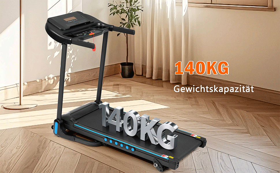 Бігова доріжка для дому Klappbares Laufband з нахилом 8%, до 14 км/год, 3.0 к.с., LED-дисплей, Bluetooth, до 120 кг (Чорна, 125x62x106 см)