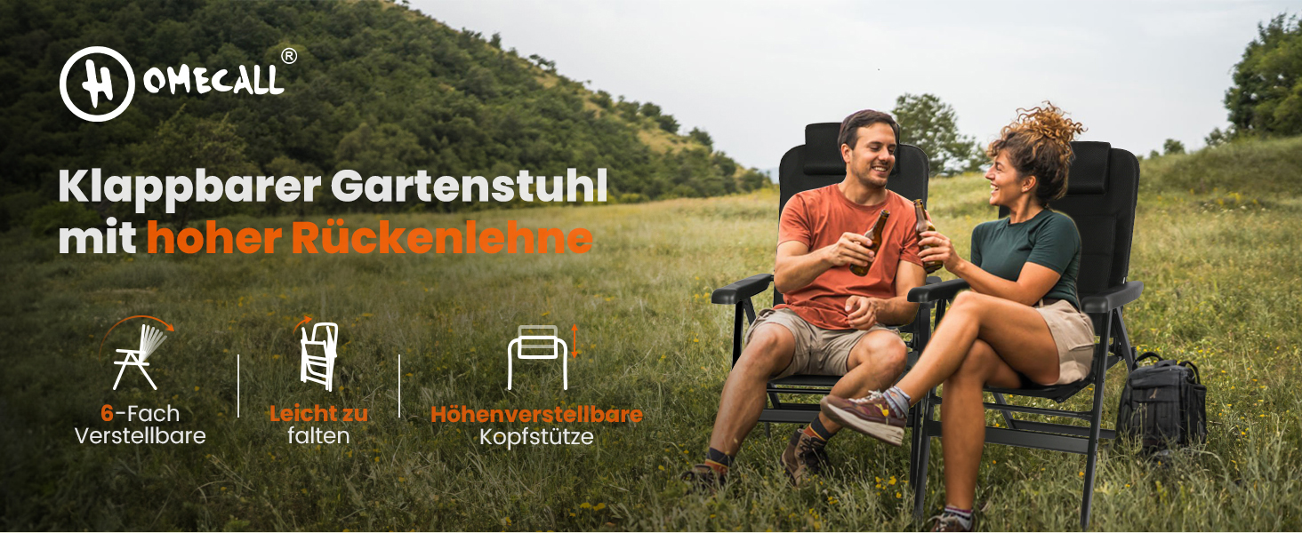 Розкладний садовий стілець Homecall для кемпінгу та відпочинку на вулиці. Витримує до 150 кг, з регульованою спинкою та підлокітниками. Підходить для балкону, тераси, риболовлі. Чорний колір, 1 шт.