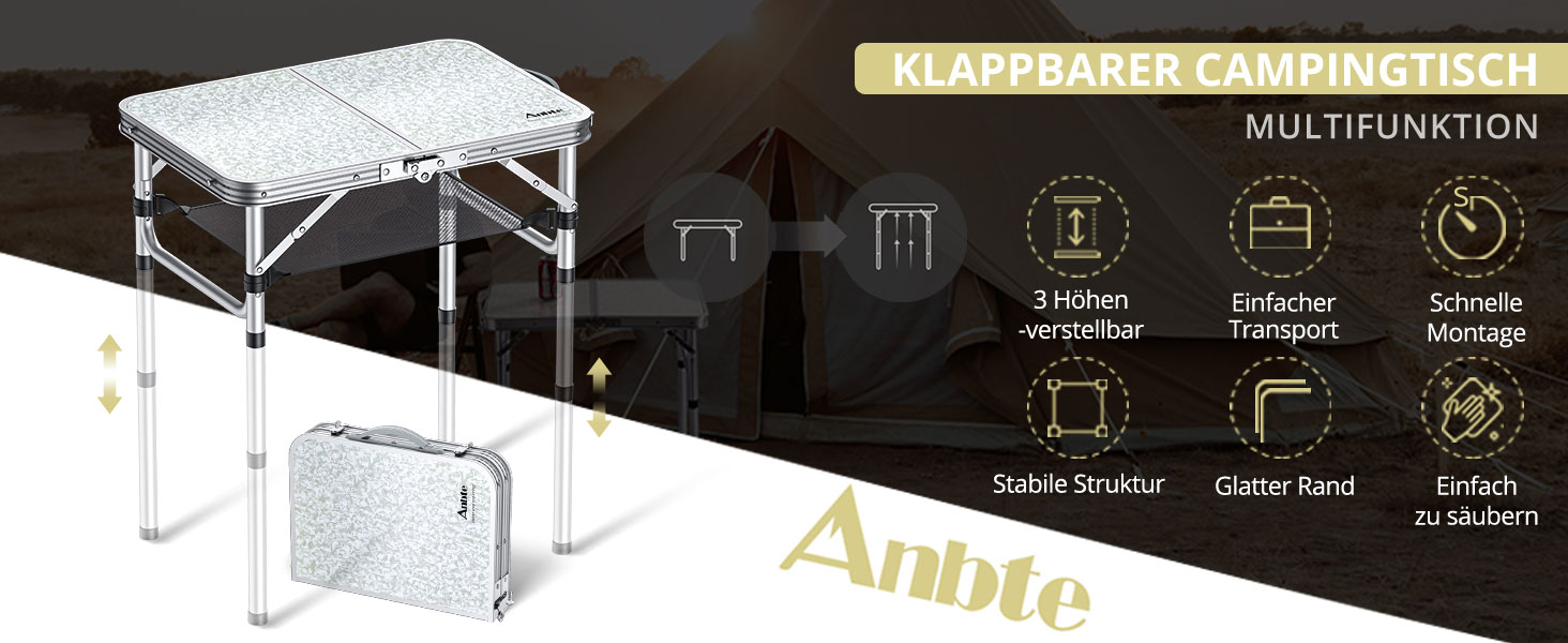Складний стіл для пікніка Anbte 58x40 см, алюмінієвий каркас, 3 регульовані висоти (26/48/70 см), білий. Столик для кемпінгу, пляжу, балкону з сіткою для зберігання