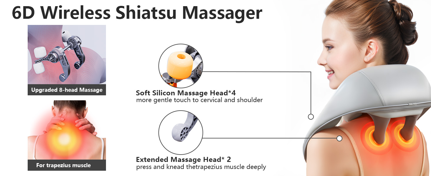 Електричний масажер для шиї та плечей Shiatsu з підігрівом, 4D масаж, бездротовий, для чоловіків та жінок, сірий A