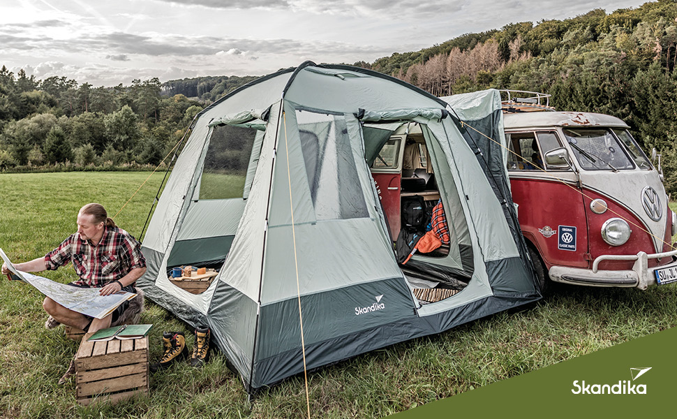 Skandika Pitea Van Protect – Розсувний навіс для мікроавтобуса (4 особи), сірий. Водонепроникний, з москітними сітками, висота 2.2м, 3x3м