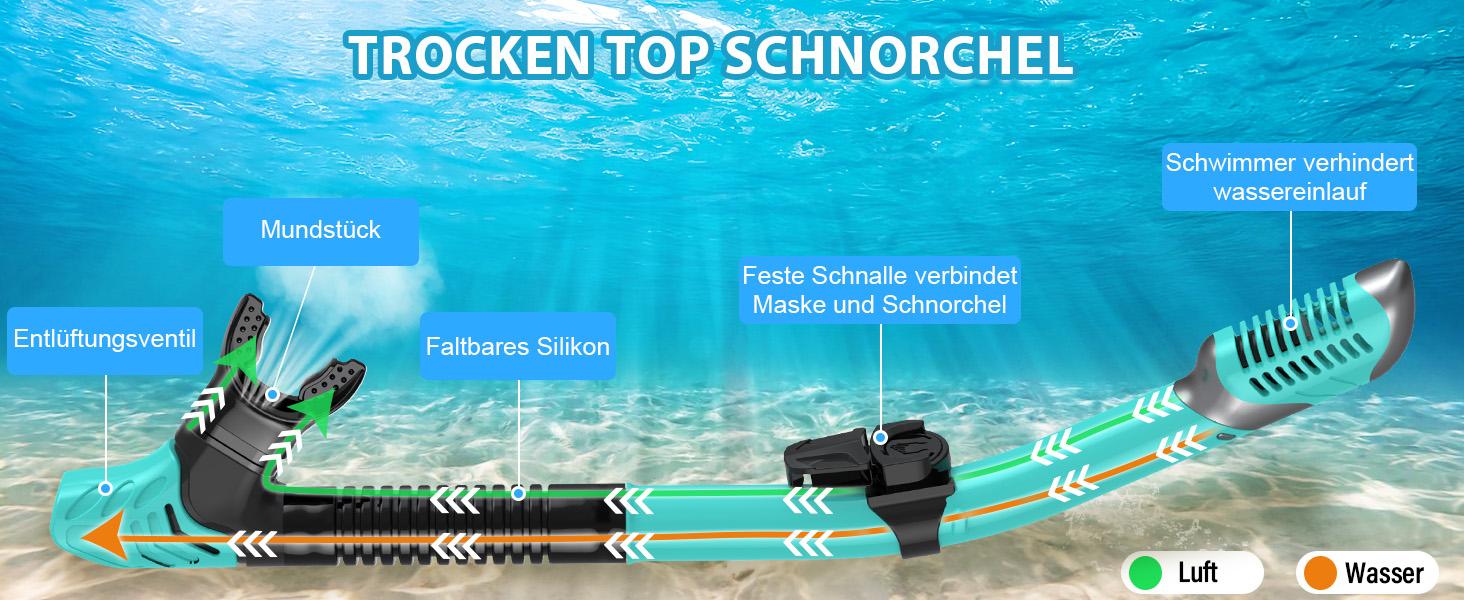 Schnorchel Set для дорослих QcoQce: сухий сноркeль, маска з жорсткого скла, панорамний огляд, антизапар, антивитік