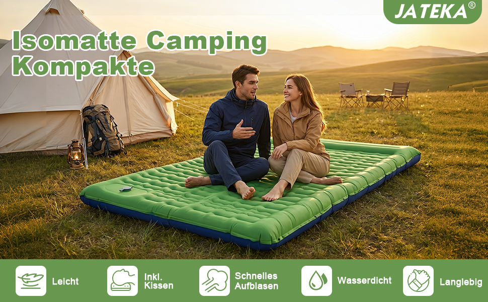 Каремат надувний JATEKA Isomatte Camping 12 см з вбудованим насосом, подвійний (зелено-синій) для кемпінгу, туризму, походу