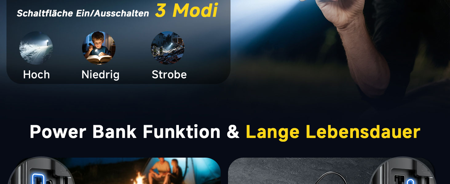 LED ліхтар Esgofo перезарядна, 1000000 люменів, дальність 1000 м, регульований фокус, 15 годин роботи, USB-C, для кемпінгу та безпеки