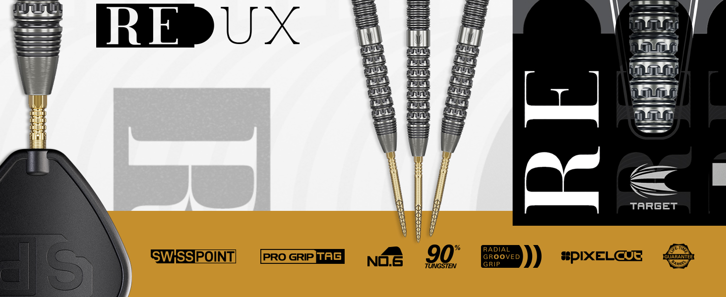 Дарти сталеві Target Darts Redux 90% Tungsten (22G/23G/24G/25G/26G) + пір'я Pro Ultra Nr. 6 + стержні Pro Grip + інструмент для ремонту