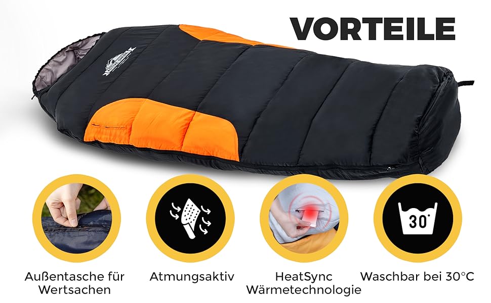 Сплячий мішок ACTIVE SPARK 3 сезони - зимовий, водонепроникний, дихаючий, для кемпінгу - мішок-кокон, -20°C, оранжевий/чорний