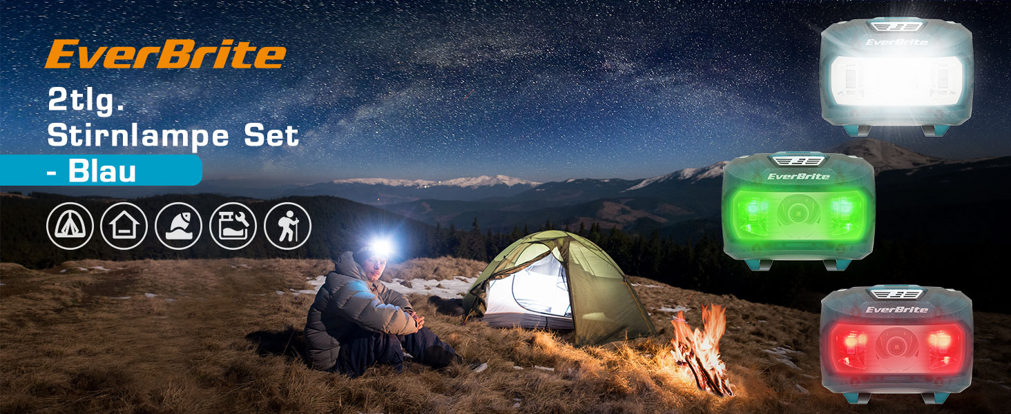 LED налобний ліхтар EverBrite 2 шт. з червоним та зеленим світлом, 5 режимів, для кемпінгу та відпочинку на природі, подарунок на Новий рік [з 6 AAA батарейками] (Синій)