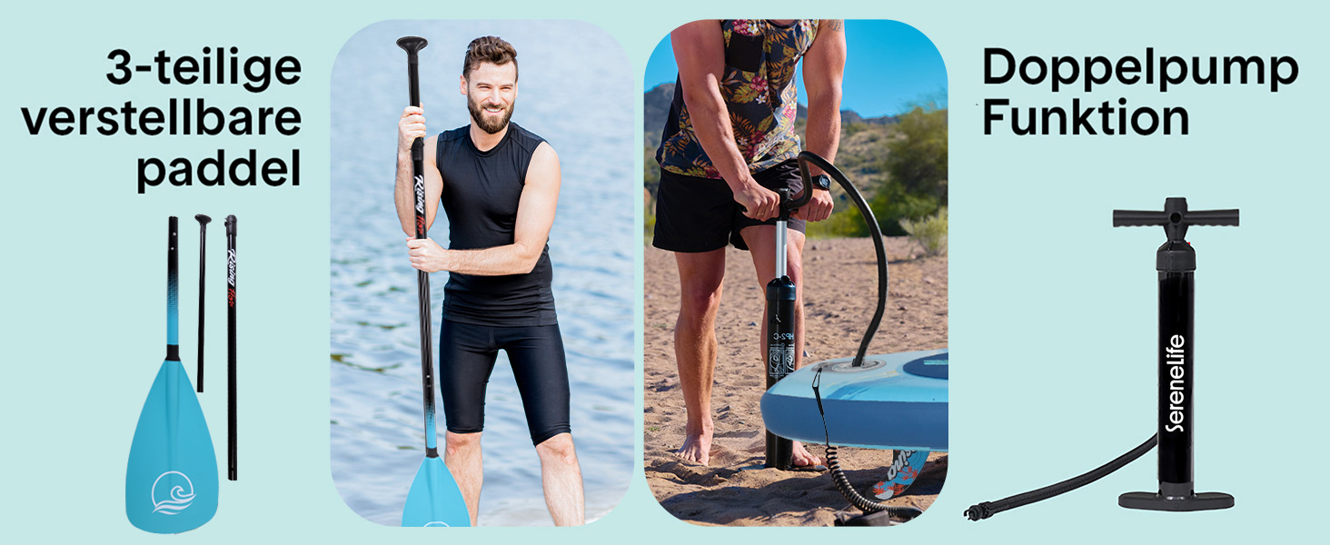 Надувний SUP СерeneLife: комплект для сапбордингу з веслом, насосом та сумкою. Touring SUP для дітей та дорослих, стійкий, портативний, для озера, річки та моря. Максимальне навантаження 155 кг (Блакитна Хвиля)