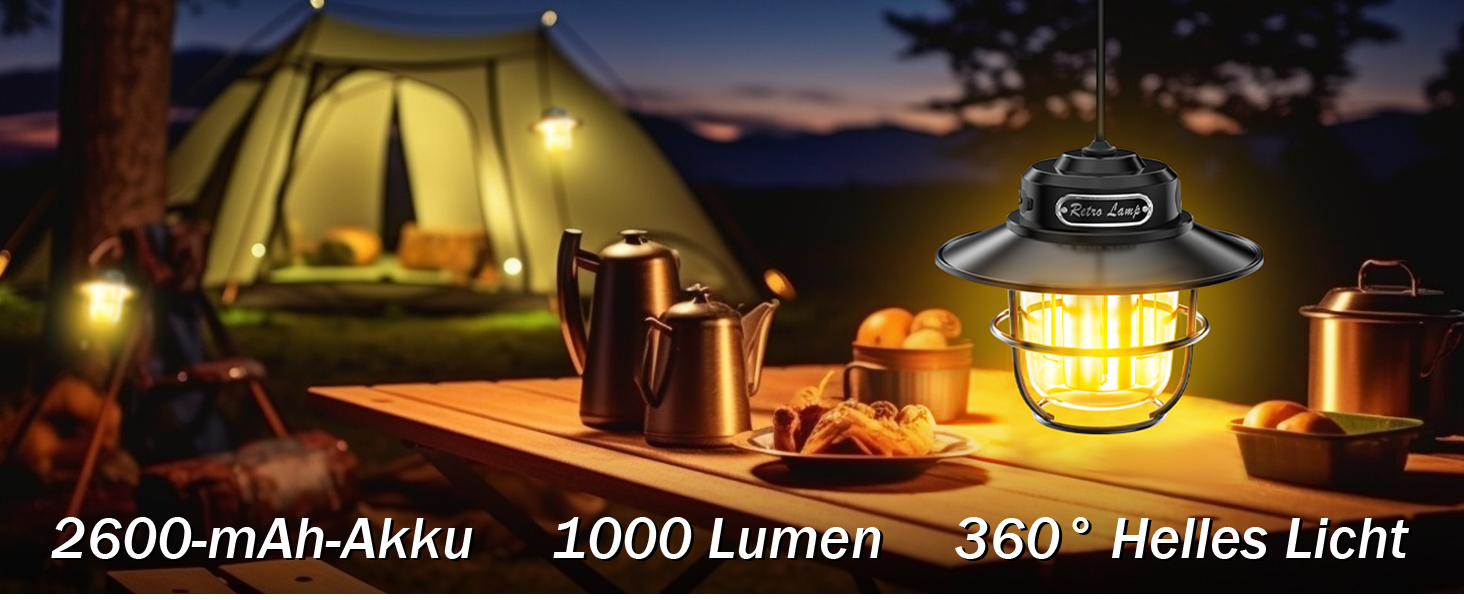 LED кемпінговий ліхтар: портативна налобний ліхтар для кемпінгу, риболовлі, з 4 режимами освітлення, регулюванням яскравості, водонепроникний (IP65), USB-зарядка, чорний