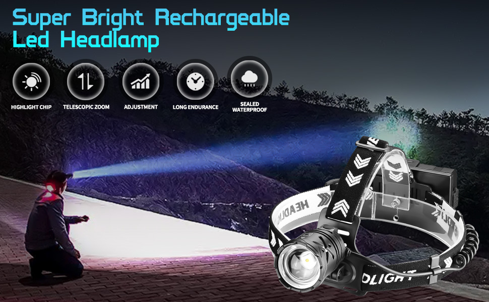 Ліхтар на голову LED акумуляторний, ліхтар червоного світла 15000 люмен з 4 режимами, водонепроникний, з регульованим фокусом та заднім світлом, 90° регульований, для бігу, кемпінгу, надзвичайних ситуацій