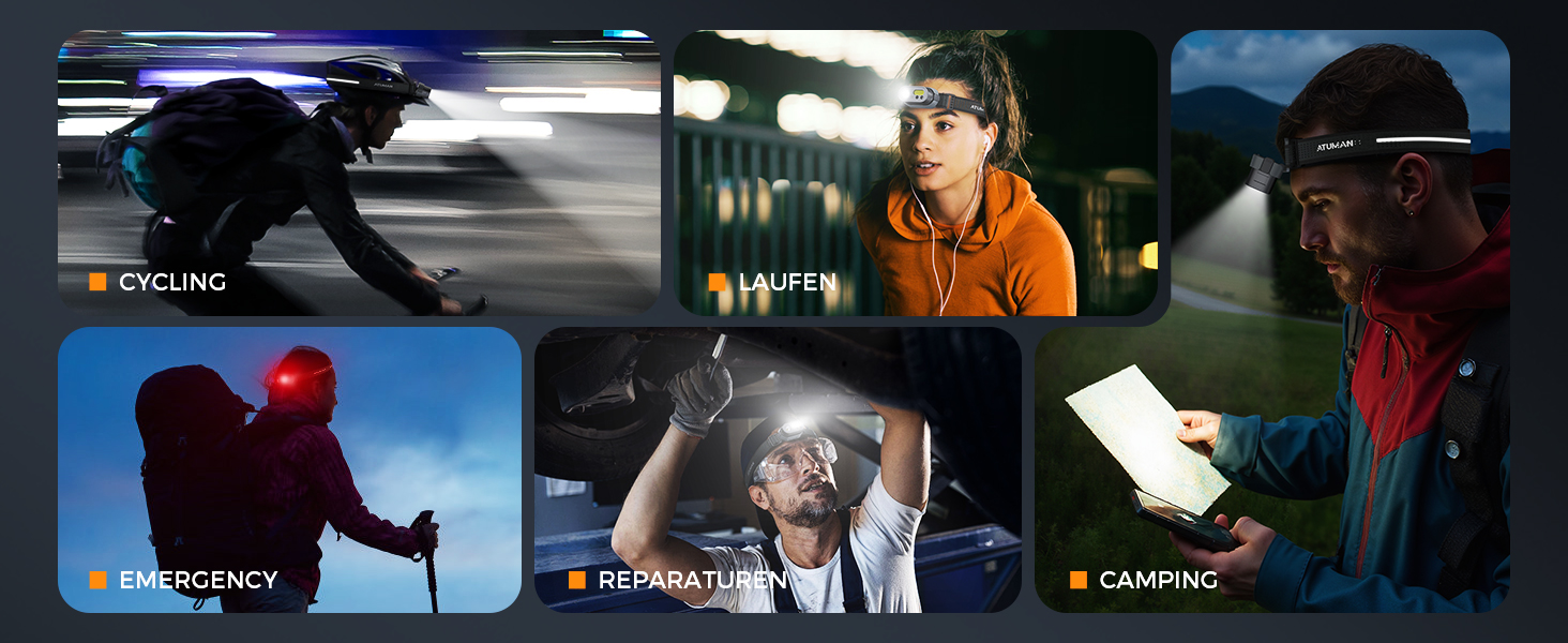 Налобний ліхтар ATuMan MH1 LED, 2 шт. з зарядним кейсом 6600mAh, 10 режимів світла, сенсор, IPX4, для кемпінгу/походів/бігу