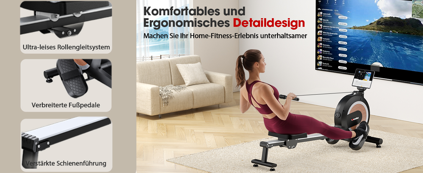 Веномкер тренажер для греблі, магнітний, для дому, 16 рівнів опору, 160 кг, з'єднання з APP, чорний