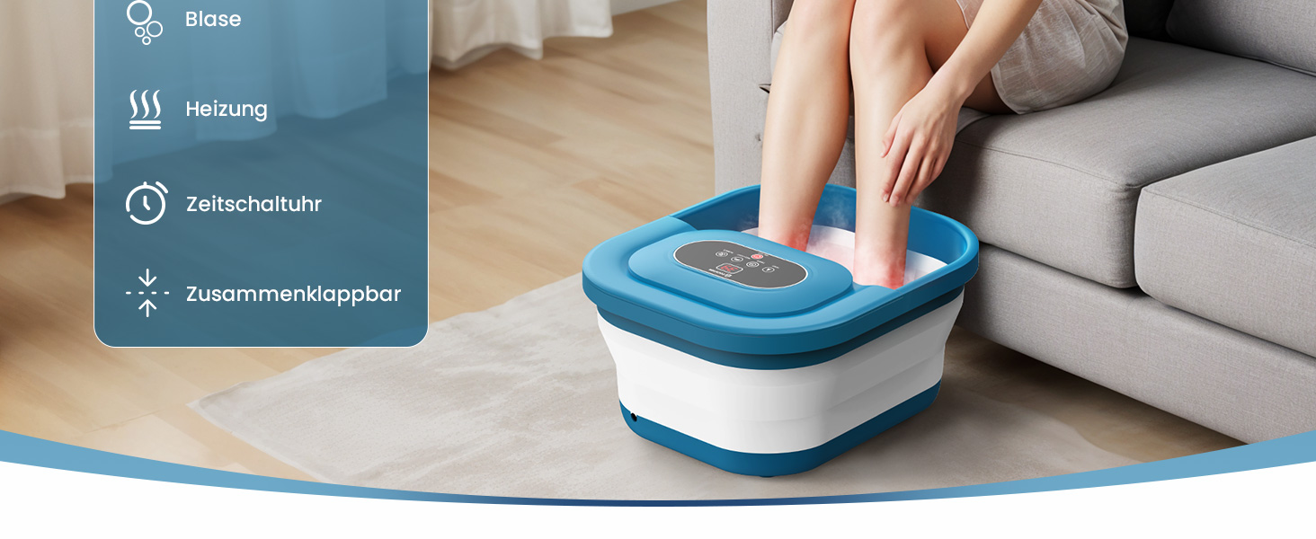 Зручне ванночка для ніг Comfier з масажем, підігрівом та функцією бульбашок | Складаний масажер для ніг | Вібрація, функція бульбашок, таймер, пемза для педикюру, 35°C-48°C, 8 Shiatsu роліків (Чорний, Синій)