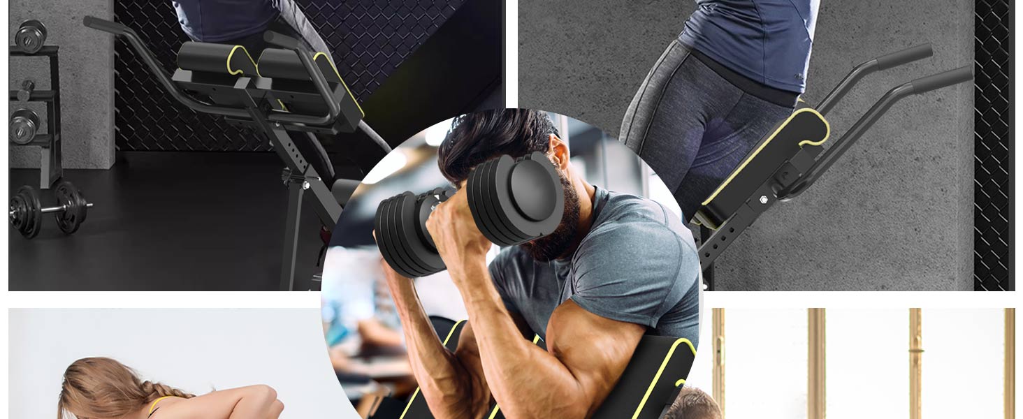 DH FitLife 5-в-1 тренажер для спини та пресу, гіперекстензія, складаний римський стілець до 150 кг, багатофункціональна лавка для вправ і гантелей для дому