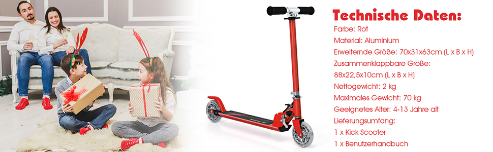 Дитячий ролер Costway з LED-колесами, для дітей від 4 років, до 70 кг, регульована висота, ролер-кіксктер для хлопчиків та дівчаток (червоний)