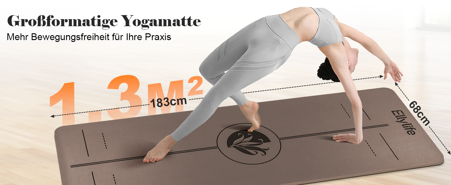 Килимок для йоги та пілатеса з еко-каучуку та TPE, протиковзкий, з лініями розмітки та ременем для перенесення, коричневий, 4мм