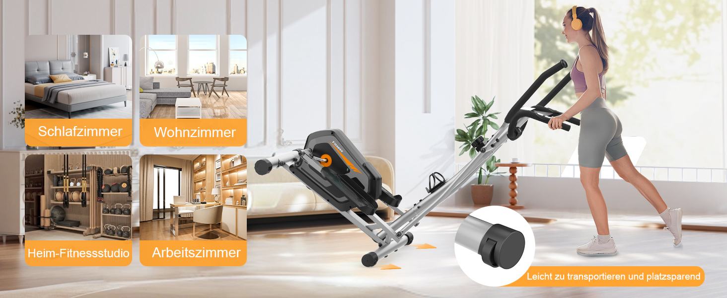 Еліптичний тренажер Neezee для дому з Bluetooth, 16 рівнів опору, 6 кг маховика, LCD-монітором, датчиком пульсу та тримачем для пляшок (Помаранчевий + Срібний)