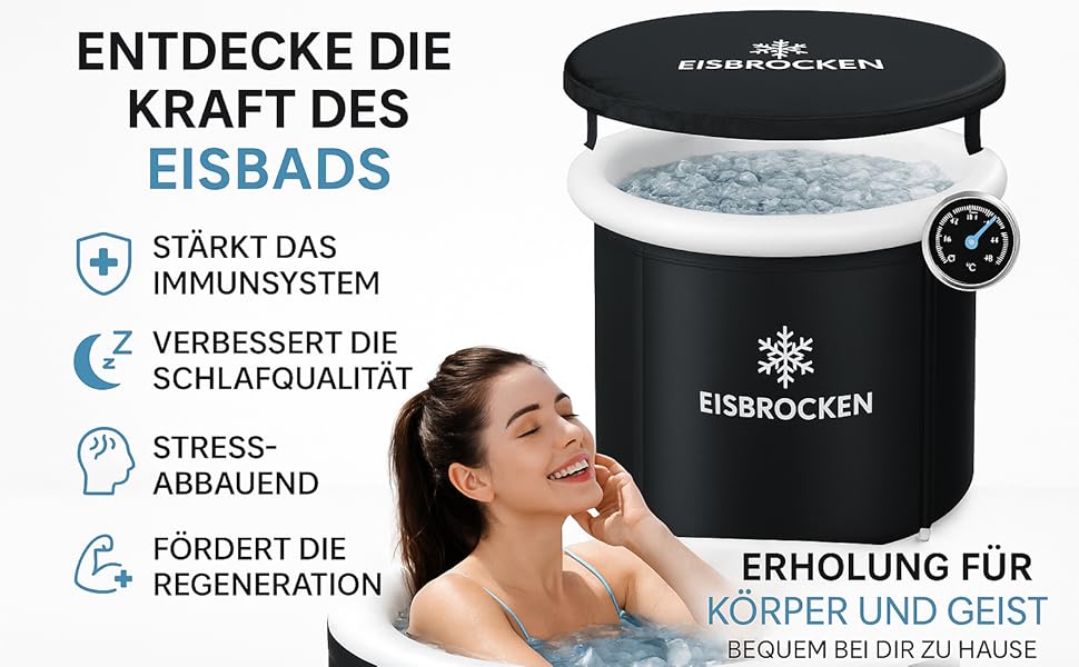 Мобільна крижана ванна Eisbrocken 80 см, чорна, ізоляція 7 шарів, з кришкою для спорту та відновлення, для льодових ванн після тренування, покращує кровообіг та розслаблення м'язів