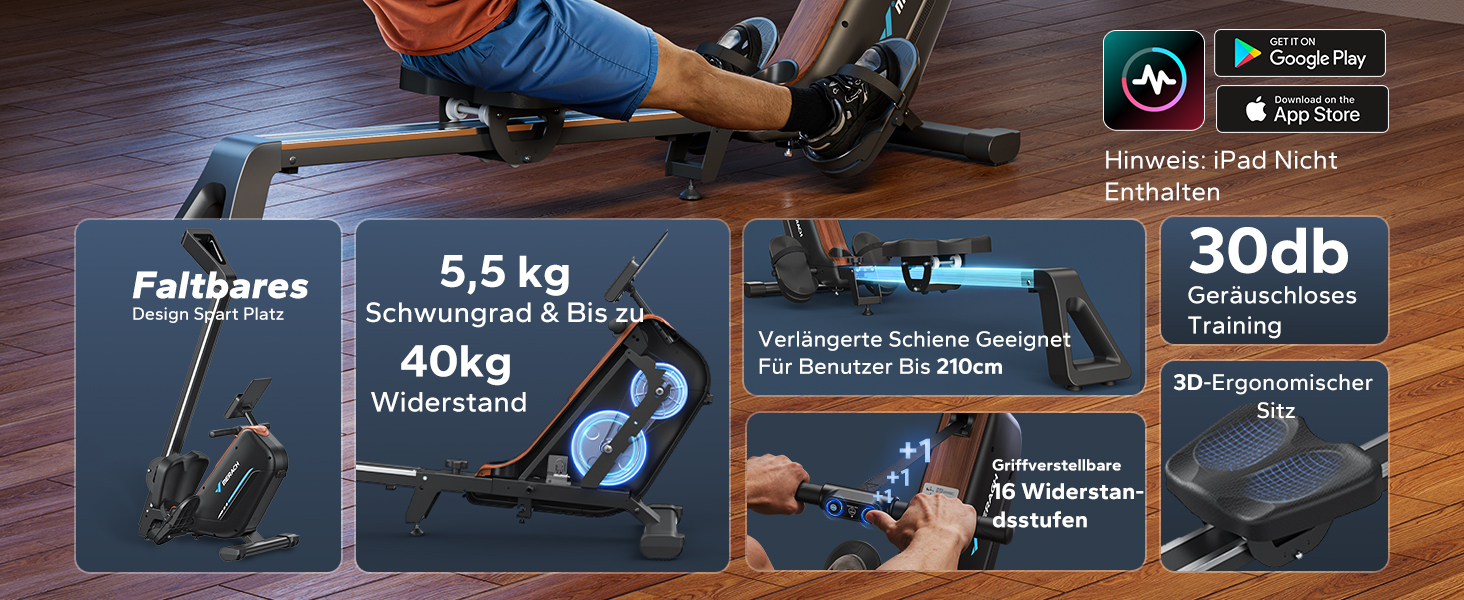 Гребний тренажер MERACH для дому, складаний, з магнітним приводом, тихий, з додатком, подовжені направляючі рейки, електричне регулювання (Plug-in)