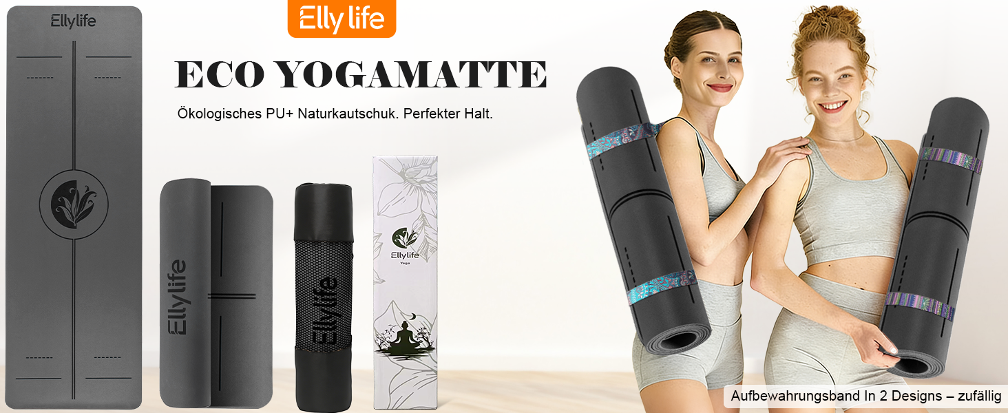 Протиковзкий килимок для йоги, пілатесу та фітнесу з еко-натурального каучуку та TPE, з лініями розмітки та ременем для перенесення, темно-сірий, 4 мм