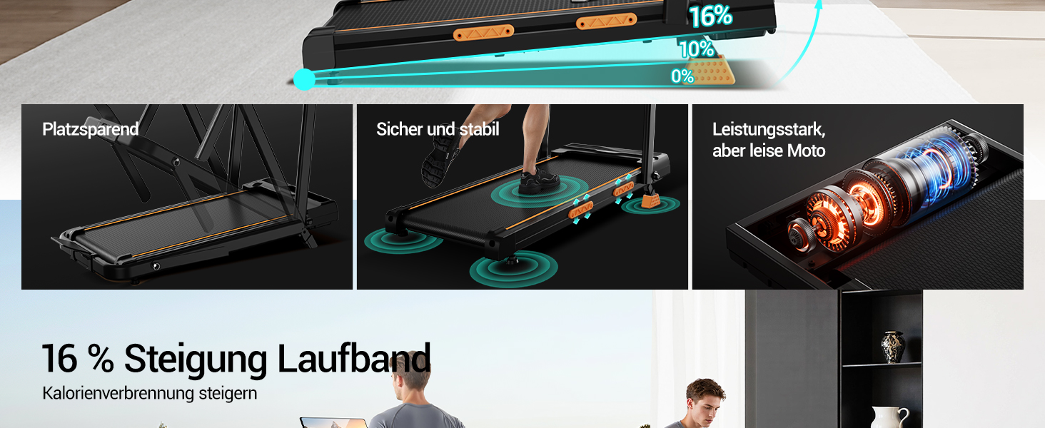 Біговий тренажер CURSOR для дому, складаний, 10 км/год, нахил 16%, безщітковий двигун 3.0CV, максимальне навантаження 136 кг, помаранчевий