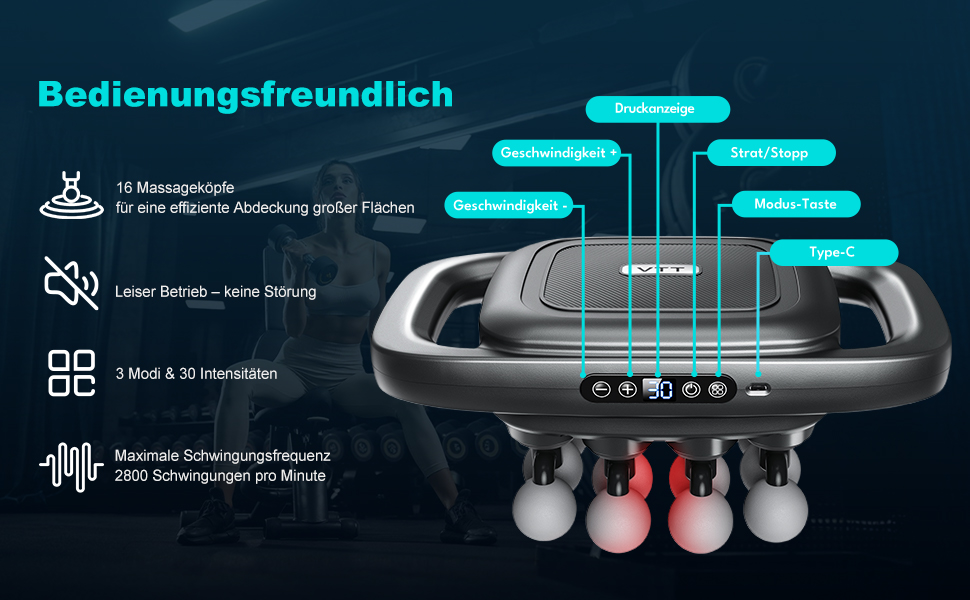 Масажний пістолет VTT з 16 насадками для глибокого масажу м'язів спини та плечей, 3 режими, 30 швидкостей, акумулятор 2600mAh