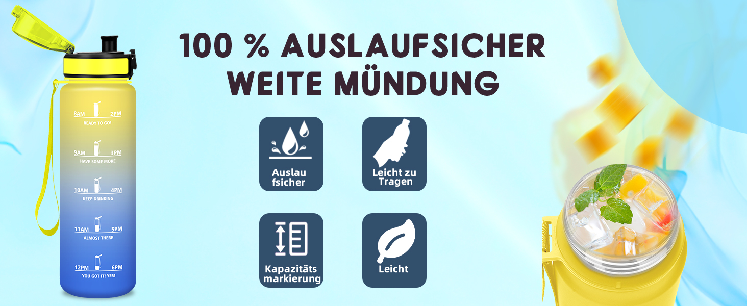 Спортивна пляшка для води 1 л з мітками часу, витокозахисна, рожево-блакитна