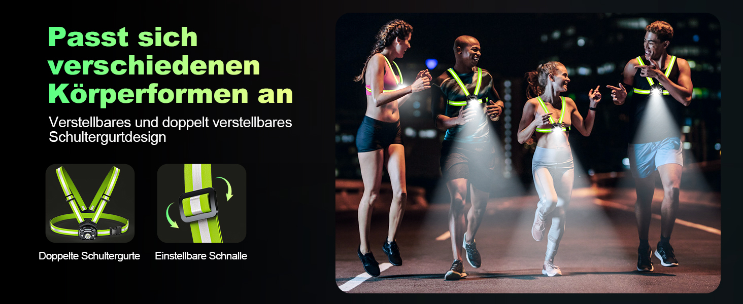 Лампа для бігу Lauflampe Joggen: нагрудна лампа з проблисковим світлом, 500 люмен, кут нахилу 45°, 2 кольори світла, USB-C, IPX4, подвійний ремінь з 360° світловідбивачами для кемпінгу, активного відпочинку, велоспорту (без заднього ліхтаря)