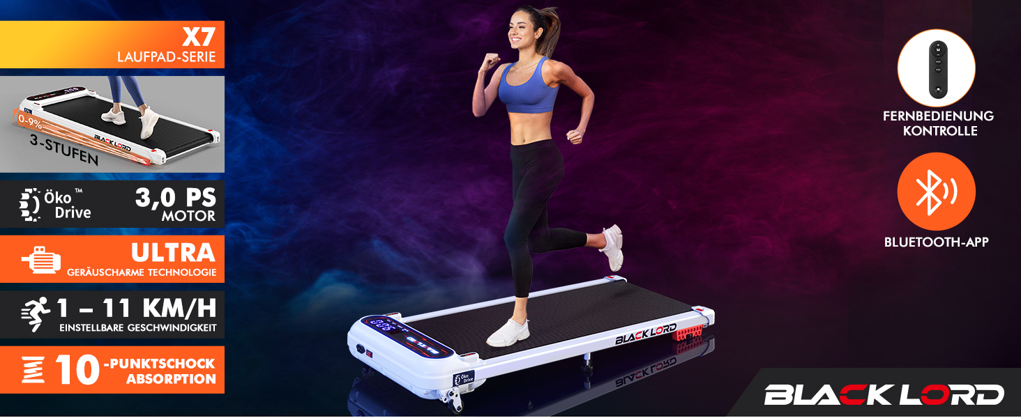 Біговий тренажер BLACK LORD X7 - Walking Pad з тихим мотором 3.0PS, до 130кг, Bluetooth, 3 рівня нахилу, антиковзаюча поверхня