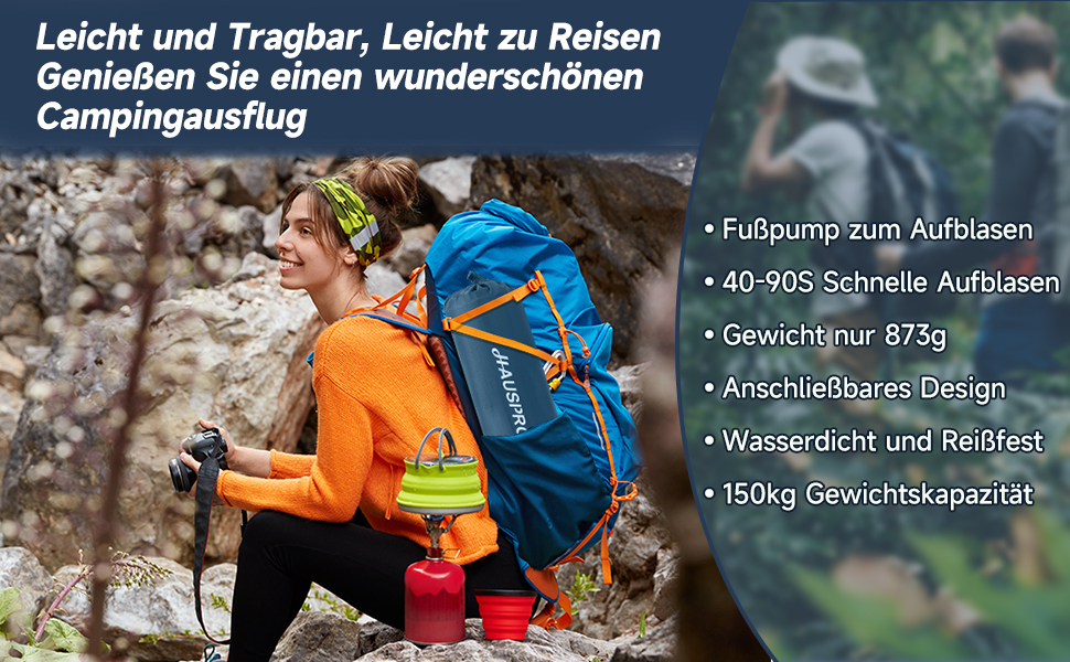 Каремат туристичний HAUSPROFI самонадувний, ультралегкий, з помпою та подушкою, армійний камуфляж (темно-синій)