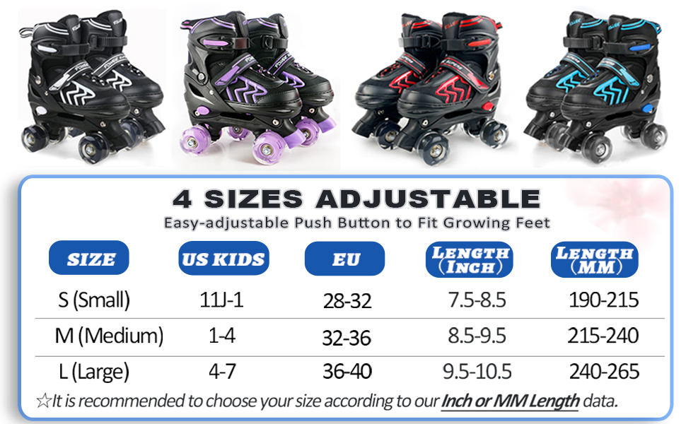 Дитячі ролики Kinder Quad для дівчаток та хлопчиків, 4 розміри, світлові колеса, для дому та вулиці (L, фіолетовий)