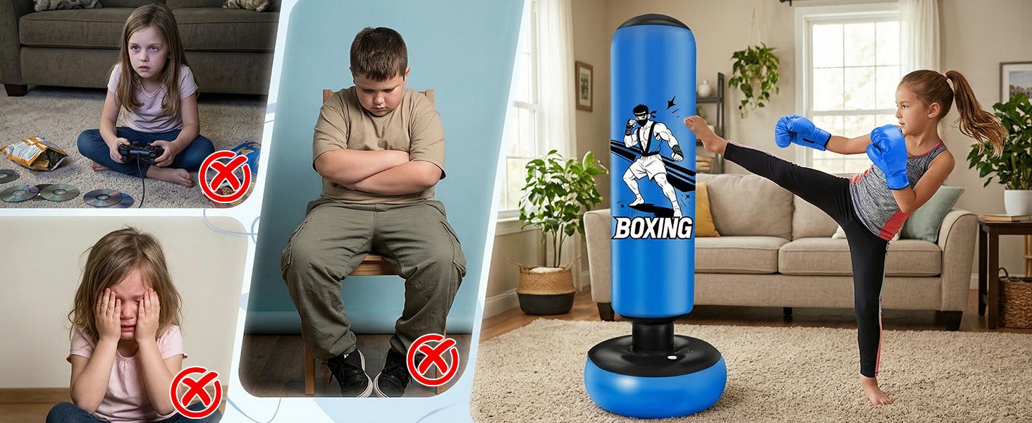 Боксерський мішок надувний для дітей 168 см з рукавичками та насосом, блакитний, з мотивом бійця, для дому, 5-12 років, для Karate та Taekwondo