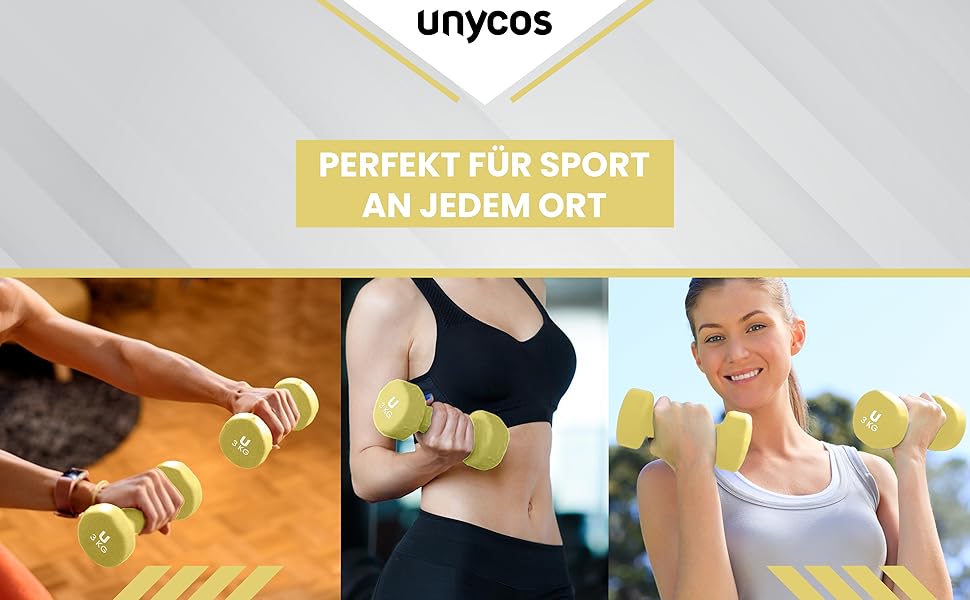Neoprenові гантелі unycos 2 шт. по 3 кг, жовті, антиковзкі, для фітнесу та силових тренувань, зручна ручка, круглі