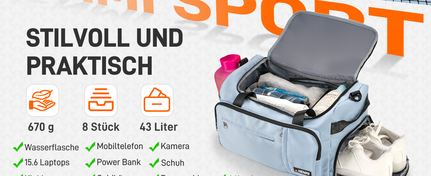 Спортивна сумка HENMI для залу та подорожей, містка сумка для спорту 43Л з відділенням для взуття та вологих речей, складана дорожня сумка (Синя)