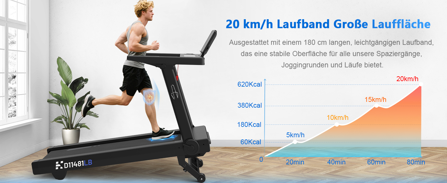 Бігова доріжка для дому Laufband 7HP, складний, кут нахилу 20%, швидкість 1-20 км/год, макс. вага 180 кг, Bluetooth, пульсометр, LED-дисплей, тримач для планшета, преміум чорний
