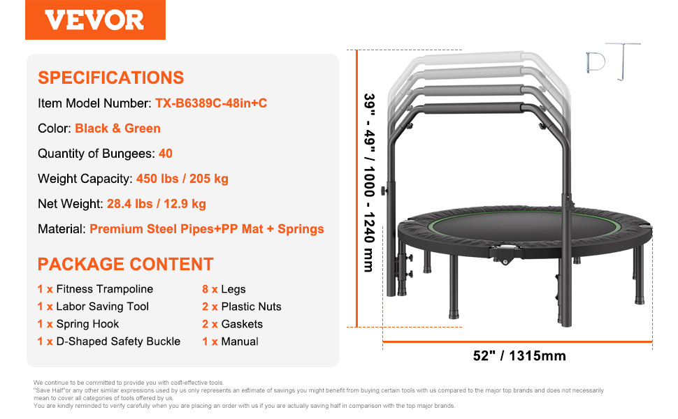 Міні-батут VEVOR 132 см для фітнесу та рекреації з регульованою ручкою та 40 пружинами